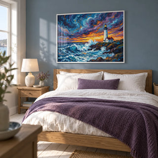 Ocean Landscape Print, framed on the wall of a restful coastal double bedroom with a muted blue wall and whitewashed floorboards