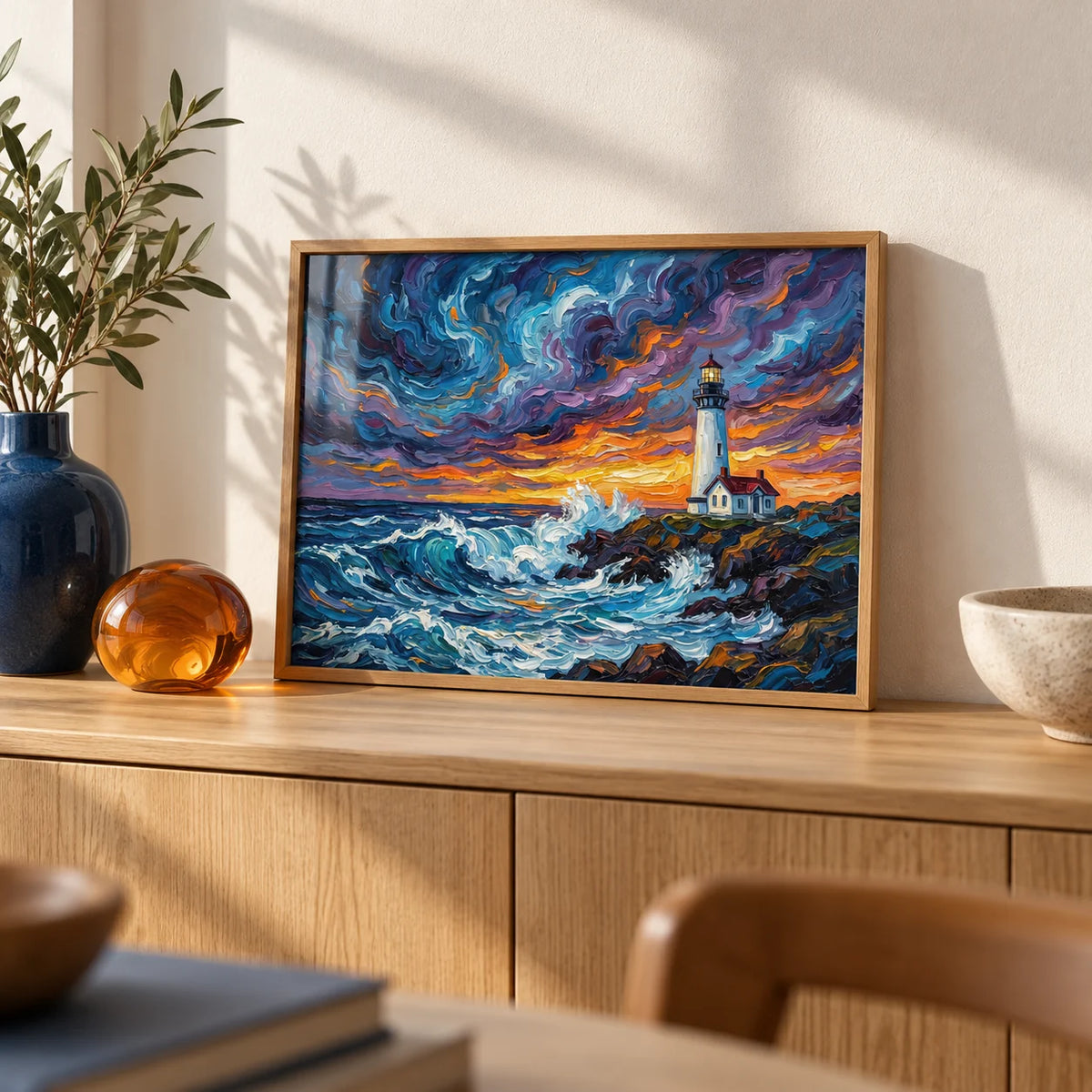 Ocean Landscape Print, a small A4 framed print leaning on a pale oak sideboard in a living room