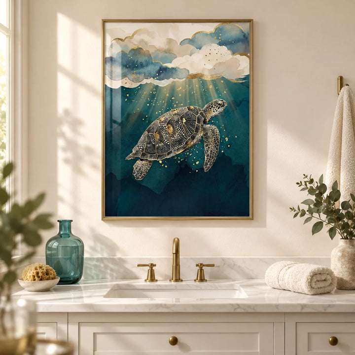 Ocean Print Decor, framed on the wall of a calm bathroom with a soft cream wall