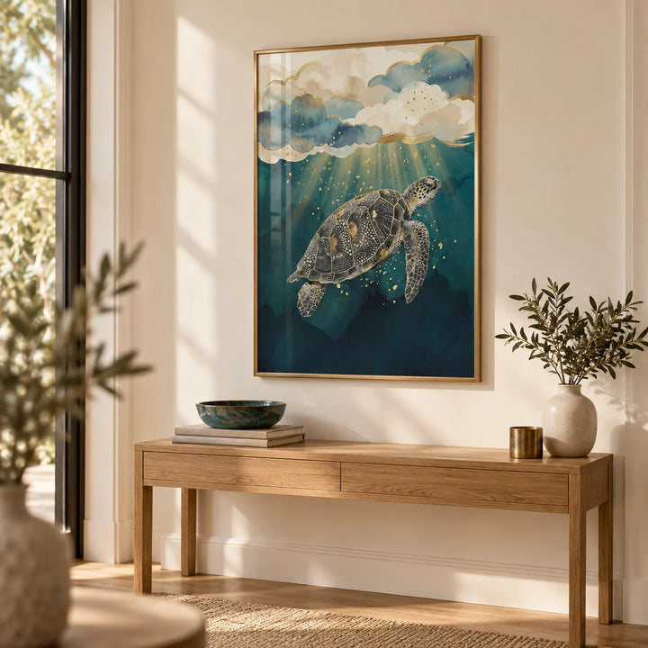 Ocean Print Decor, framed on the wall of a calm hallway with a warm white wall