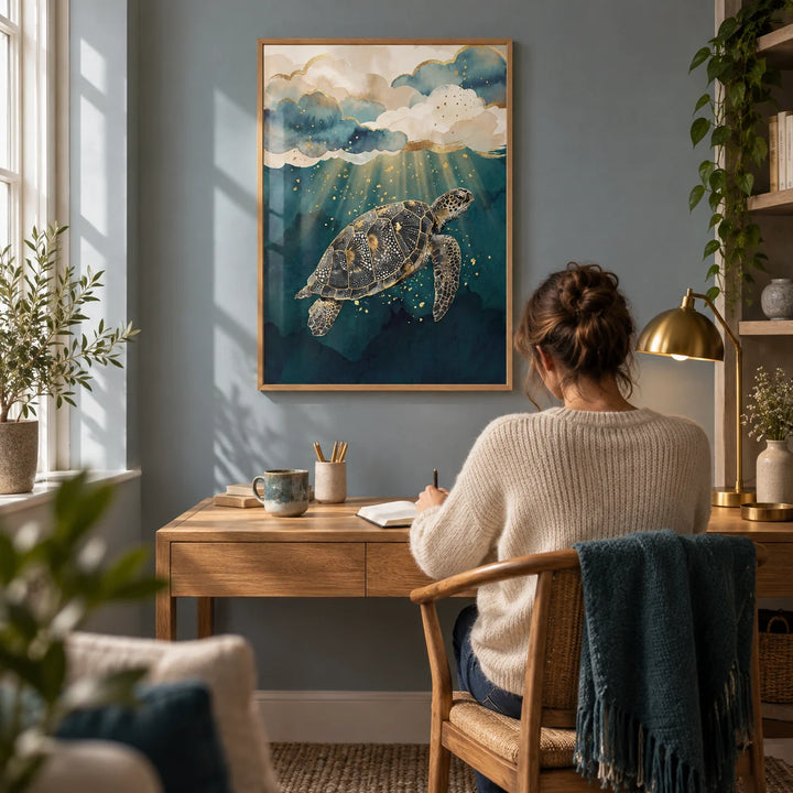 Ocean Print Decor, framed on the wall of a calm home study with a soft blue-grey wall