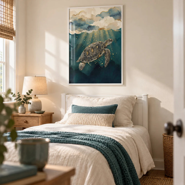 Ocean Print Decor, framed on the wall of a calm single guest bedroom with a soft cream wall