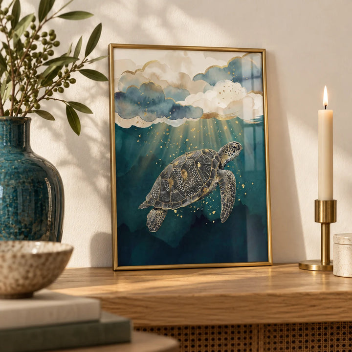 Ocean Print Decor, a small A4 framed print leaning on an oak shelf in a living room