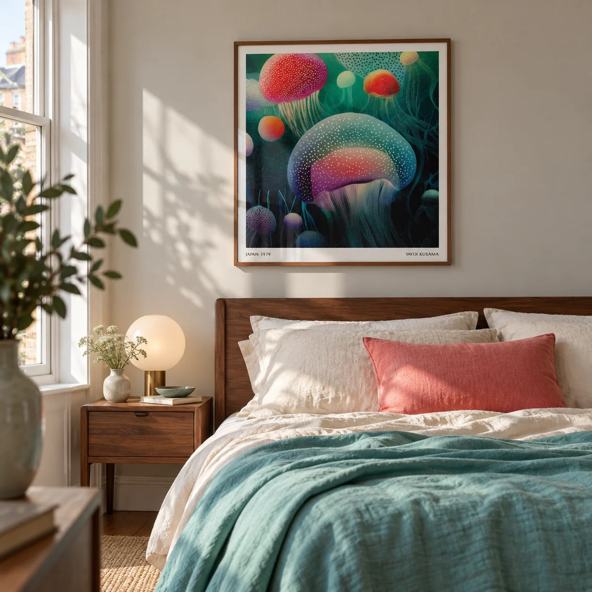 Ocean Prints, framed on the wall of a calm contemporary bedroom in a UK terraced house with a pale warm grey wall