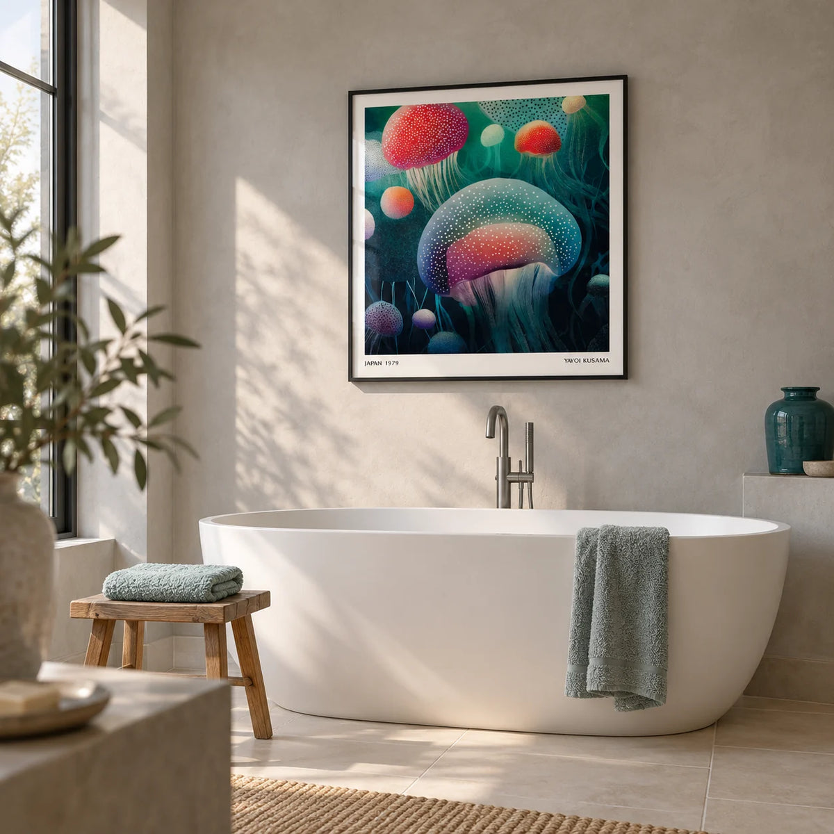 Ocean Prints, framed on the wall of a contemporary bathroom in a UK home with a pale grey plaster wall and large plain cream floor tiles