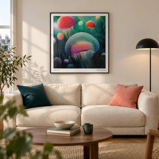 Ocean Prints, framed on the wall of a contemporary living room in a UK city flat with a warm white wall and oak floor