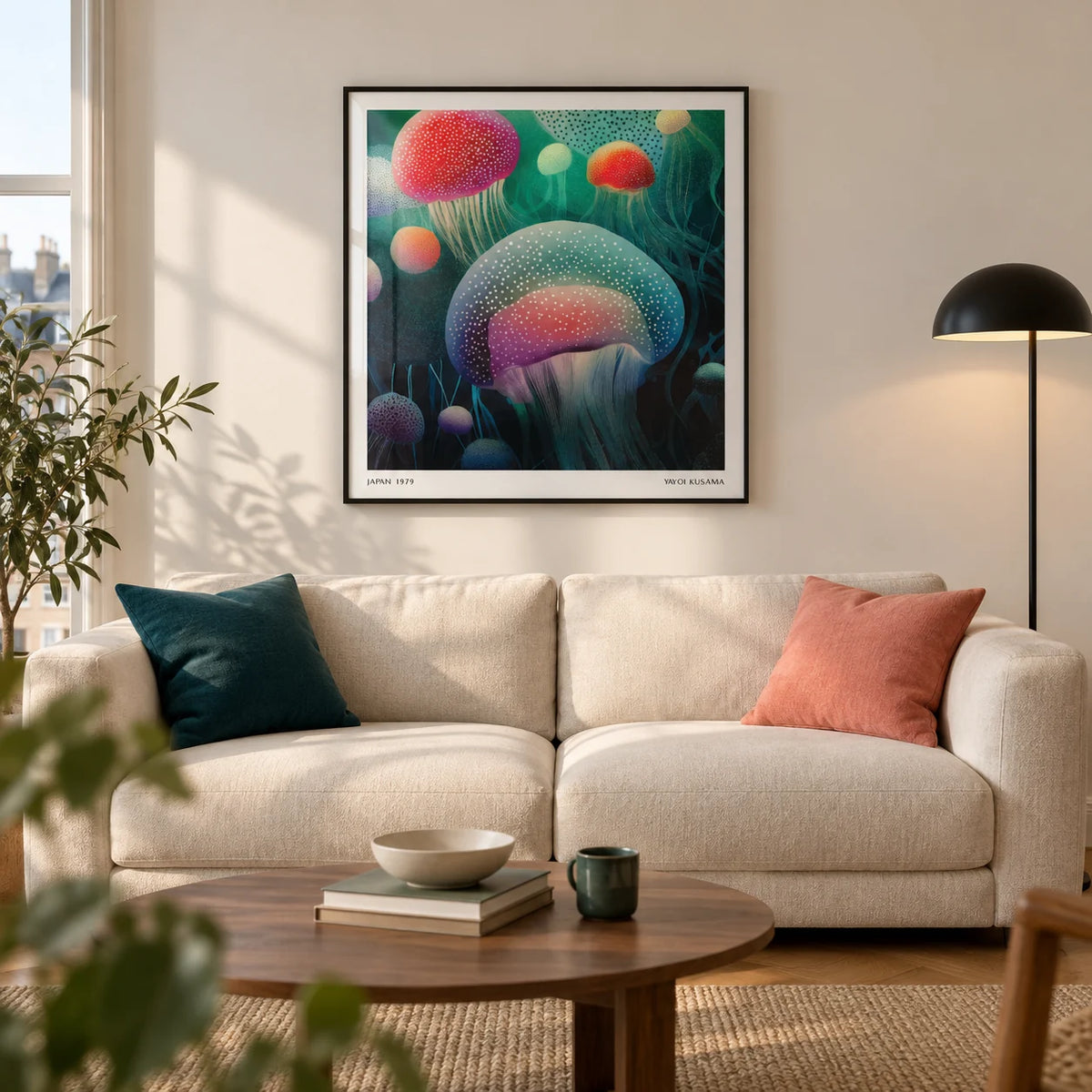 Ocean Prints, framed on the wall of a contemporary living room in a UK city flat with a warm white wall and oak floor