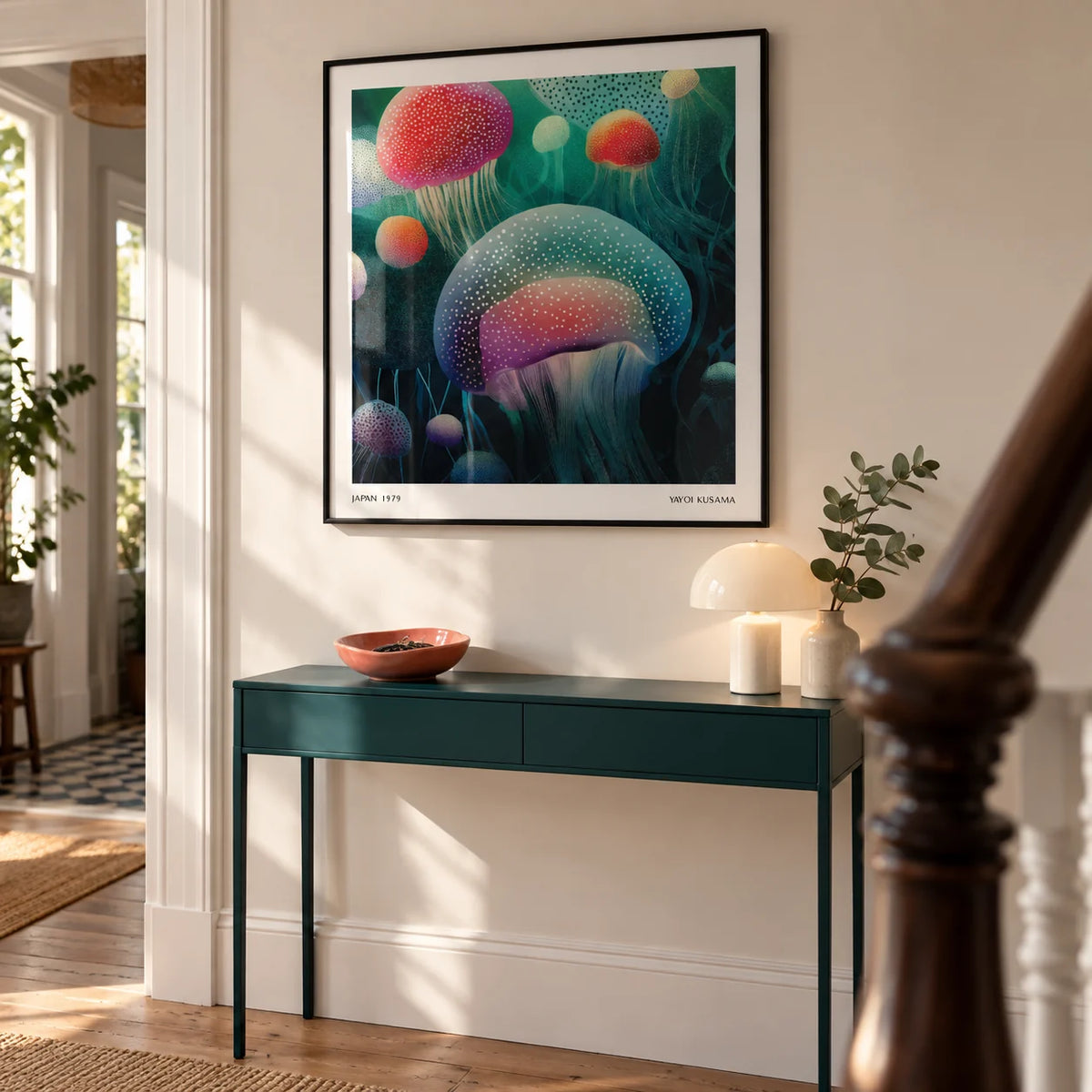 Ocean Prints, framed on the wall of a design-led hallway in a UK Victorian terrace with a warm white wall and simple oak floorboards