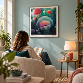 Ocean Prints, framed on the wall of a modern reading corner in a UK flat with a muted pale turquoise wall in a living room