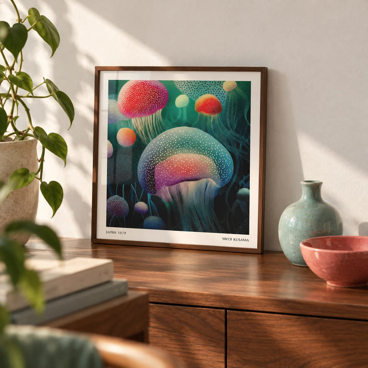 Ocean Prints, a small A4 framed print leaning on a walnut sideboard in a living room