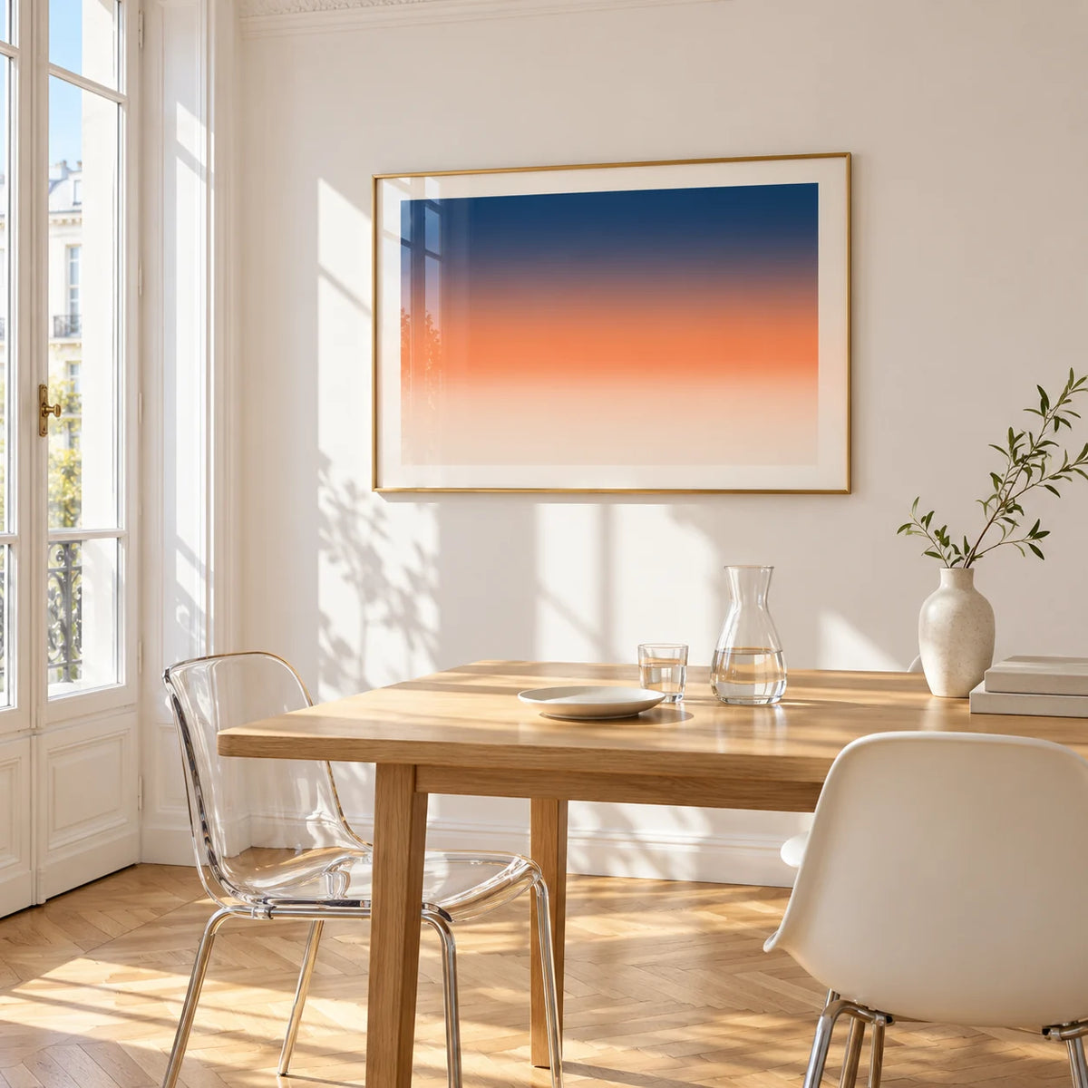 Ocean Sunset Poster, framed on the wall of a bright dining corner