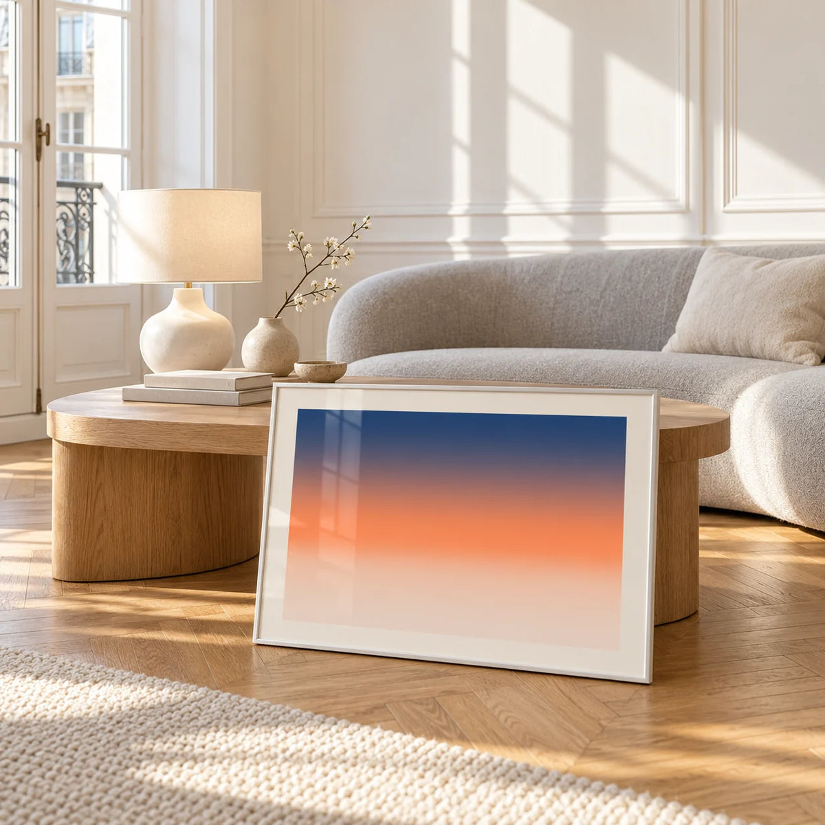 Ocean Sunset Poster, framed and leaning against a coffee table in a bright living room