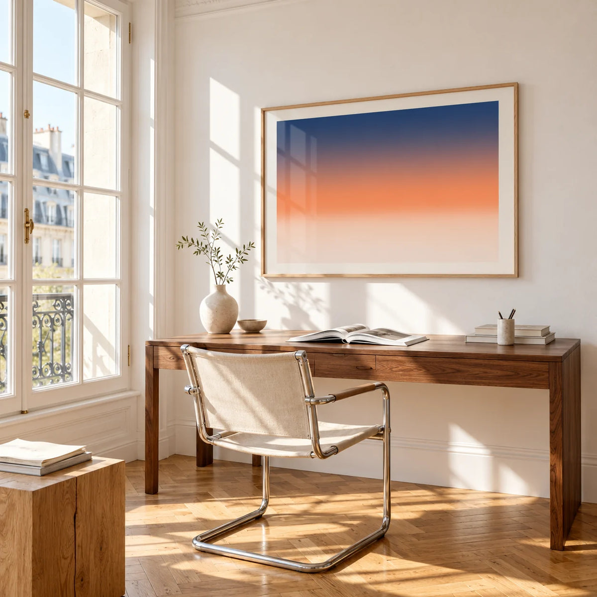 Ocean Sunset Poster, framed on the wall of a bright study corner with a tall white paned window