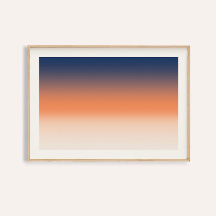 Ocean sunset poster fading from deep navy into a soft orange band and peach