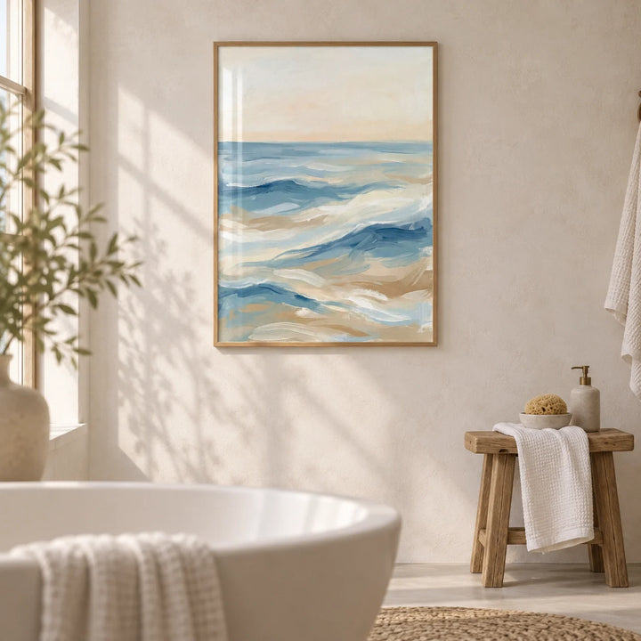 Ocean Wave Art Print, framed on the wall of a calm spa bathroom with a pale microcement wall