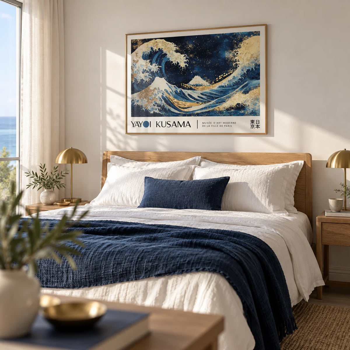 Ocean Wave Wall Art, framed on the wall of a calm coastal bedroom with a soft white wall