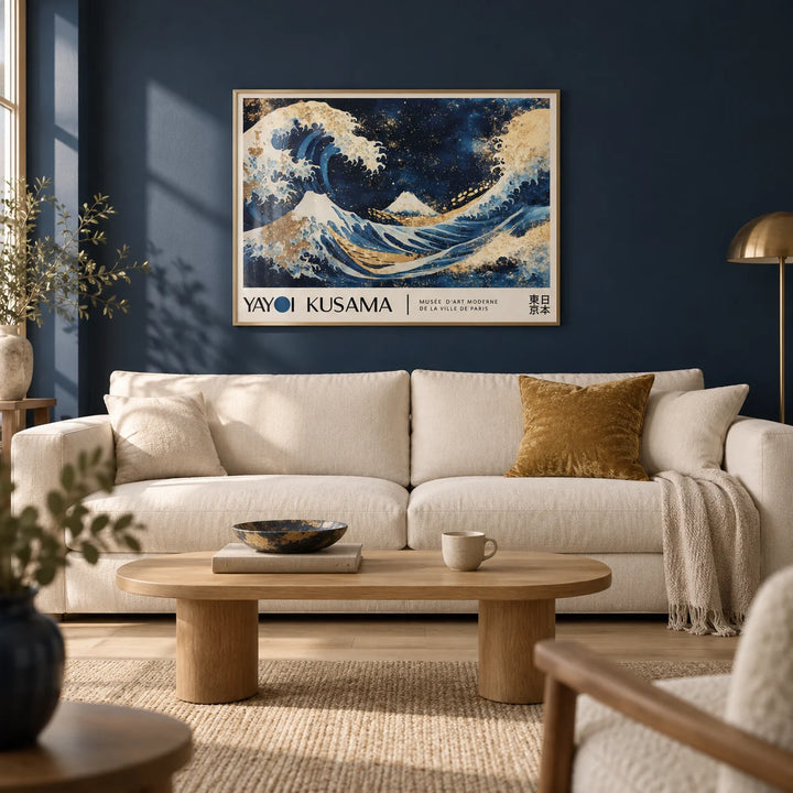 Ocean Wave Wall Art, framed on the wall of a calm living room with a deep navy painted wall and a pale oak floor