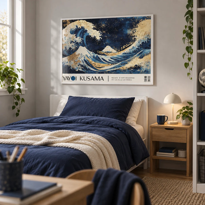 Ocean Wave Wall Art, framed on the wall of a calm teen boy's bedroom (13-17) with a pale grey wall