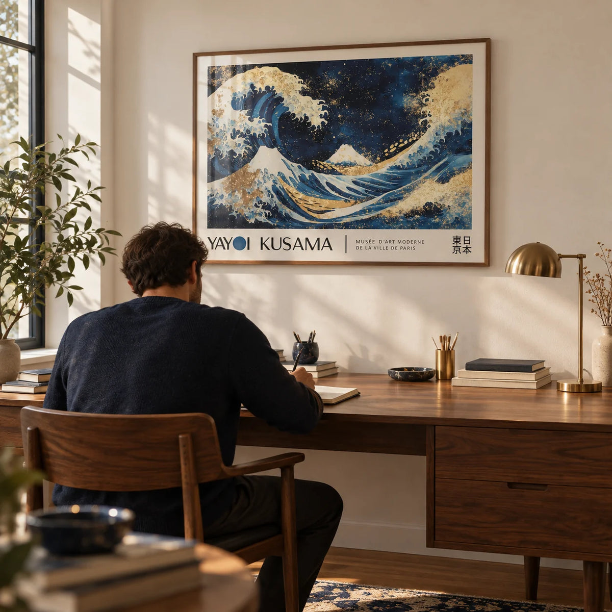 Ocean Wave Wall Art, framed on the wall of a quiet study with a cream wall