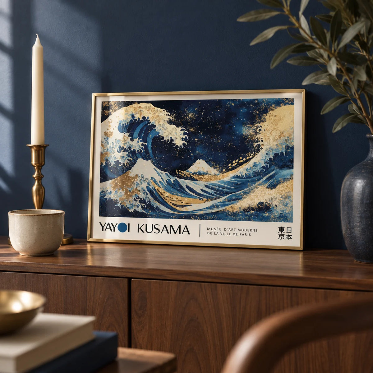 Ocean Wave Wall Art, a small A4 framed print leaning on a walnut sideboard in a living room