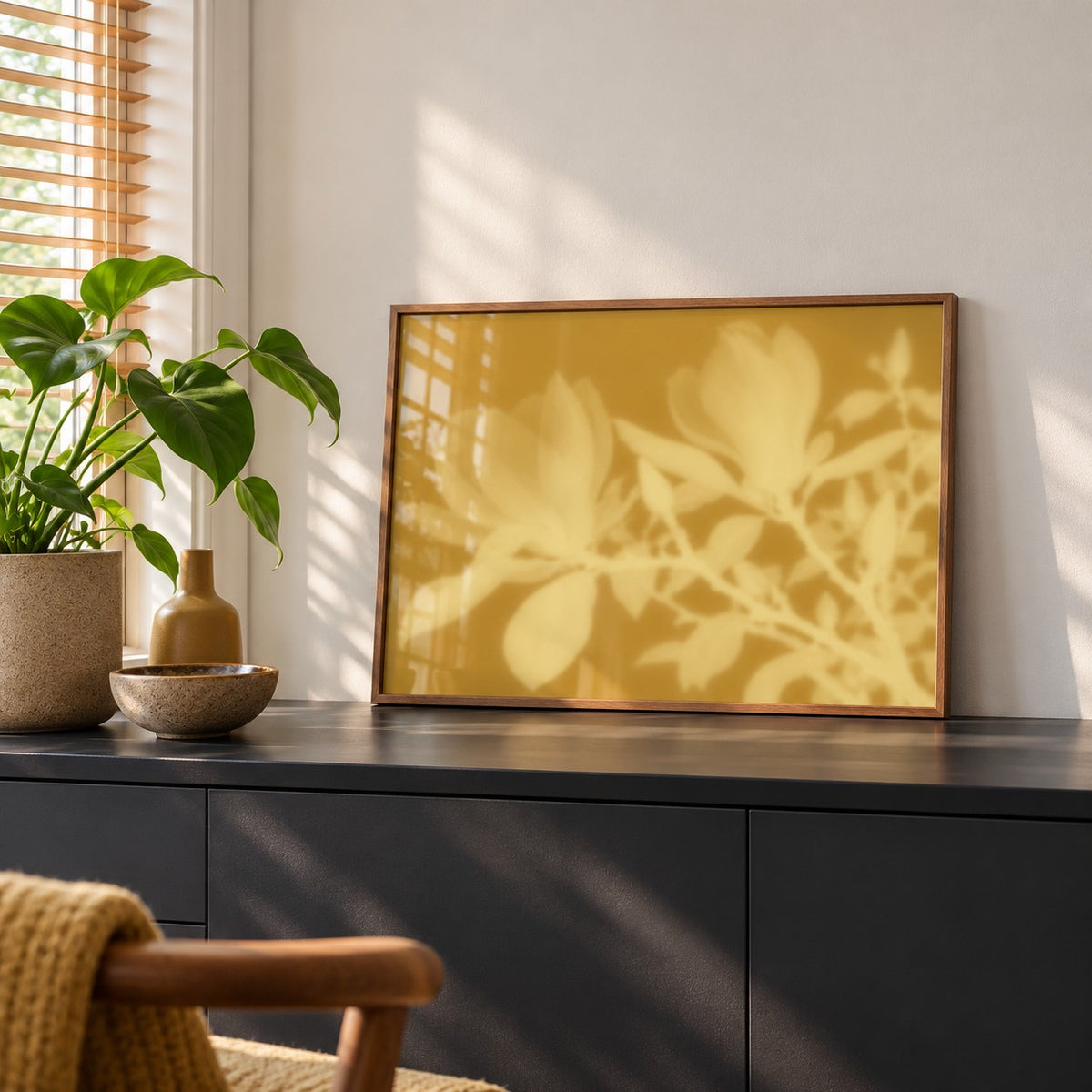 Ochre Magnolia Print styled on a black sideboard (frame not included)