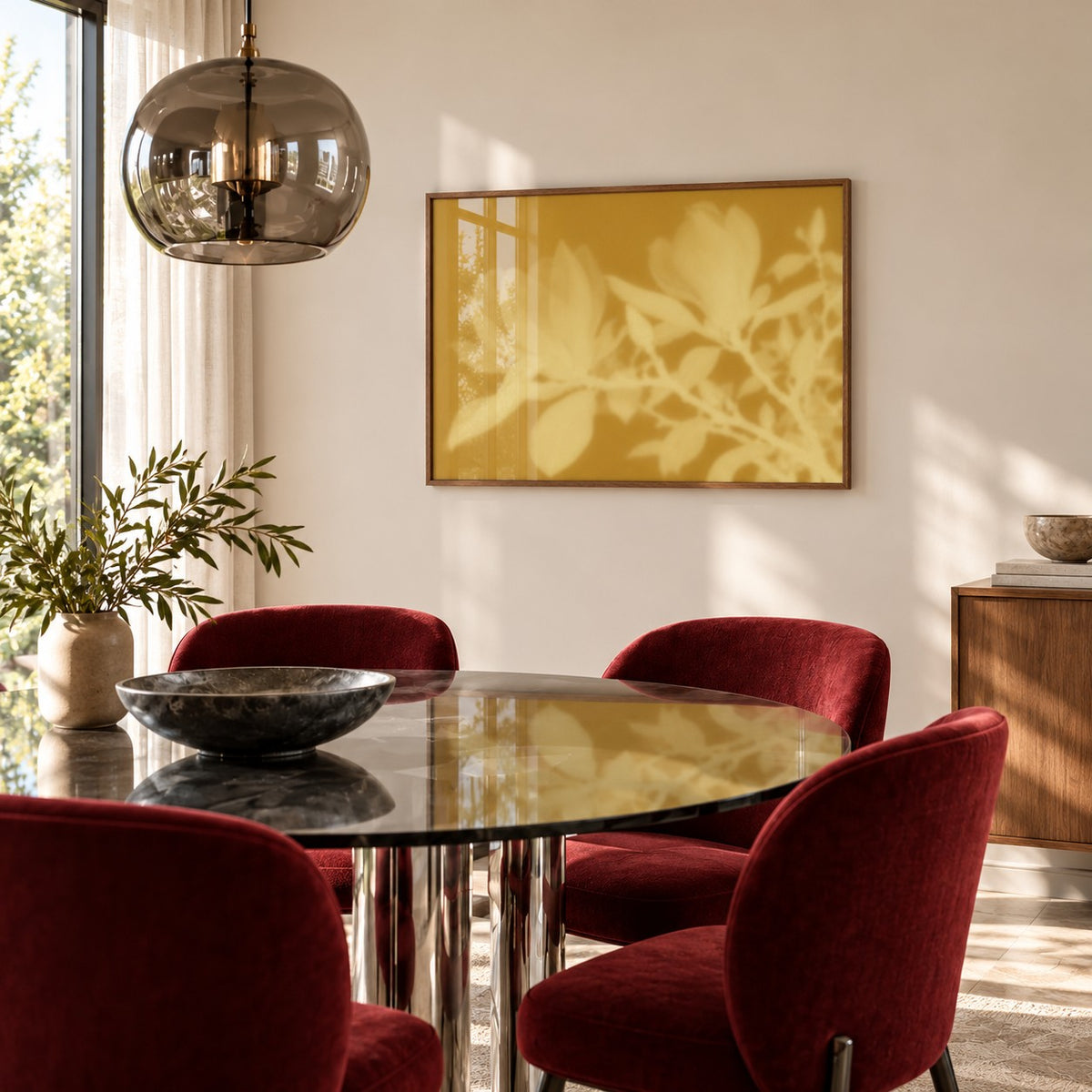 Ochre Magnolia Print styled in a dining room (frame not included)