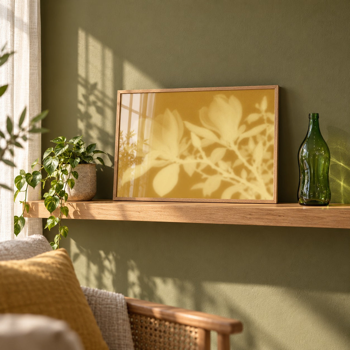 Ochre Magnolia Print styled on a shelf against a green wall (frame not included)