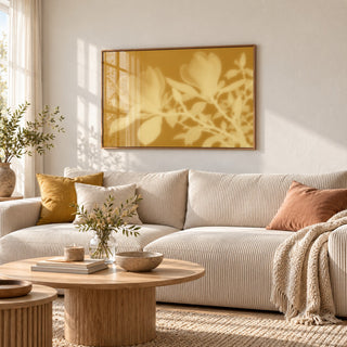 Ochre Magnolia Print styled in a living room (frame not included)