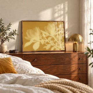 Ochre Magnolia Print styled in a bedroom (frame not included)