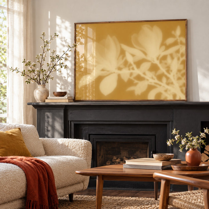 Ochre Magnolia Print styled on a mantelpiece (frame not included)