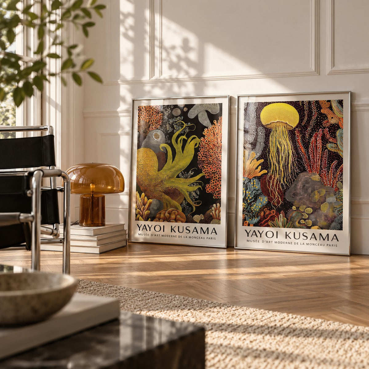 Octopus and Jellyfish Wall Art Set of 2 styled leaning in a white corner next to a black leather sling chair and an amber lamp: Golden Tentacle and Luminous Drift shown framed side by side (frames not included)