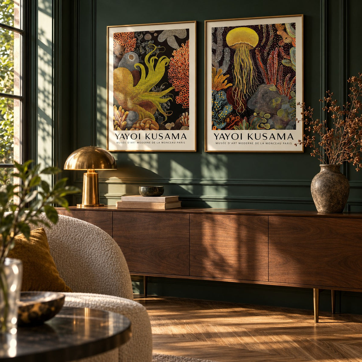 Octopus and Jellyfish Wall Art Set of 2 styled above a walnut sideboard against a deep green panelled wall: Golden Tentacle and Luminous Drift shown framed side by side (frames not included)