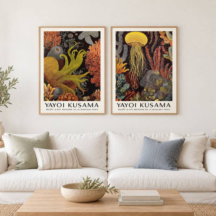 Octopus and Jellyfish Wall Art Set of 2 hung at eye level above a white linen sofa: Golden Tentacle and Luminous Drift shown framed side by side (frames not included)