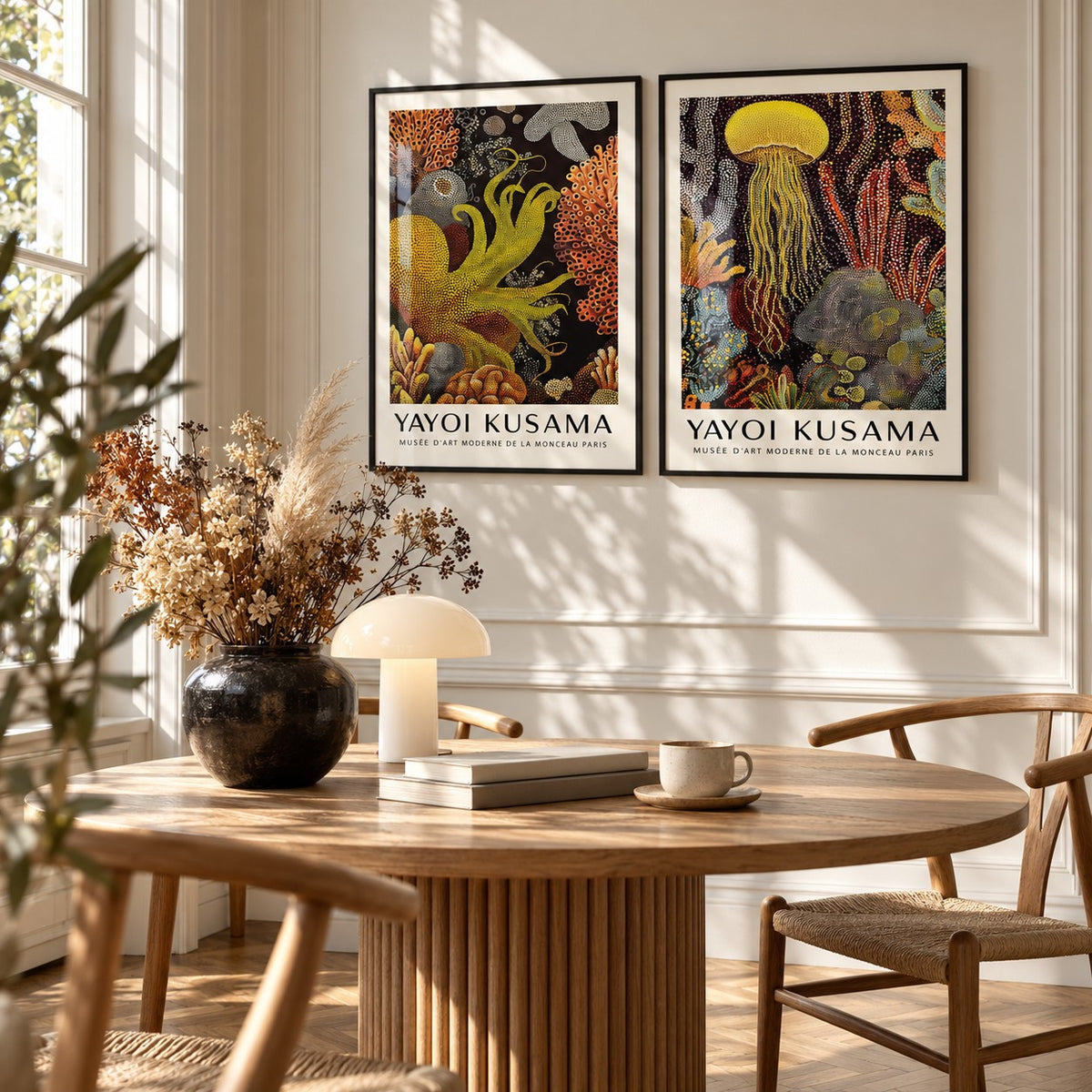 Octopus and Jellyfish Wall Art Set of 2 styled above a round fluted oak dining table with a mushroom lamp: Golden Tentacle and Luminous Drift shown framed side by side (frames not included)
