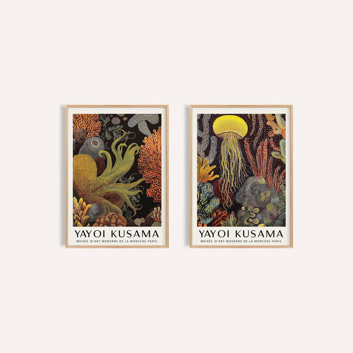 Octopus and Jellyfish Wall Art Set of 2: Golden Tentacle and Luminous Drift side by side, two separate unframed prints