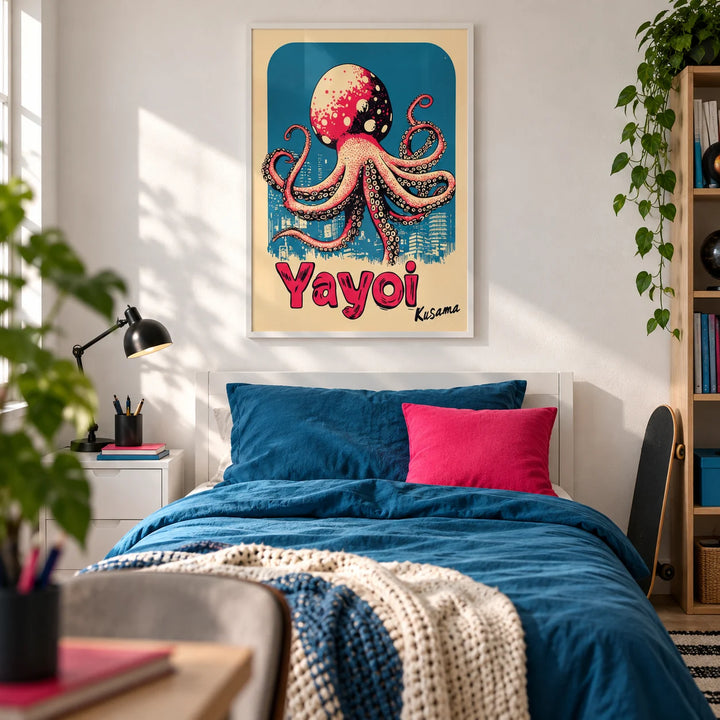 Octopus Poster Art, framed on the wall of a cool teen bedroom (13-17) with a white wall