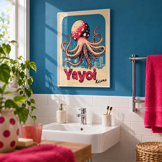 Octopus Poster Art, framed on the wall of a fun modern bathroom with an ocean blue painted wall and plain white tiles below