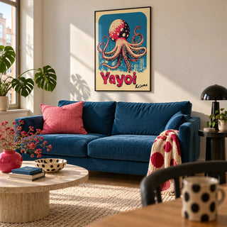 Octopus Poster Art, framed on the wall of a playful city flat living room with a cream wall and a pale oak floor