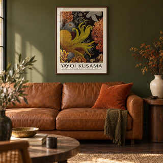 Octopus Wall Art, framed on the wall of a characterful living room with a deep olive green painted wall and a dark wood floor