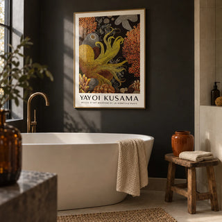 Octopus Wall Art, framed on the wall of a dark moody bathroom with a charcoal painted wall and plain cream tiles