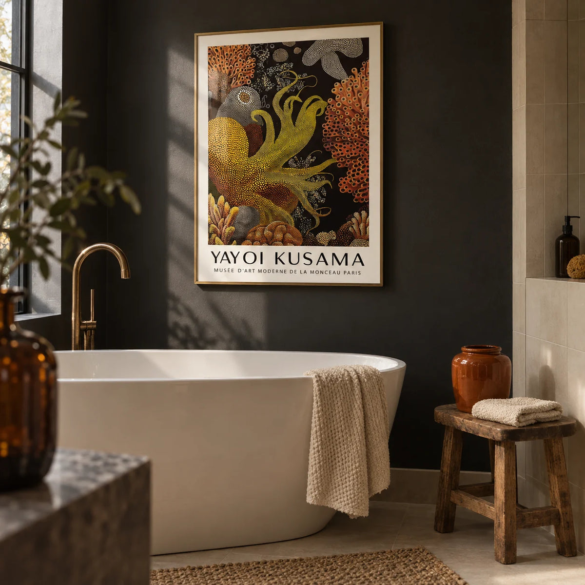 Octopus Wall Art, framed on the wall of a dark moody bathroom with a charcoal painted wall and plain cream tiles