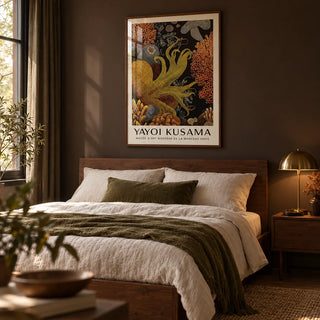 Octopus Wall Art, framed on the wall of a moody bedroom with a dark brown painted wall