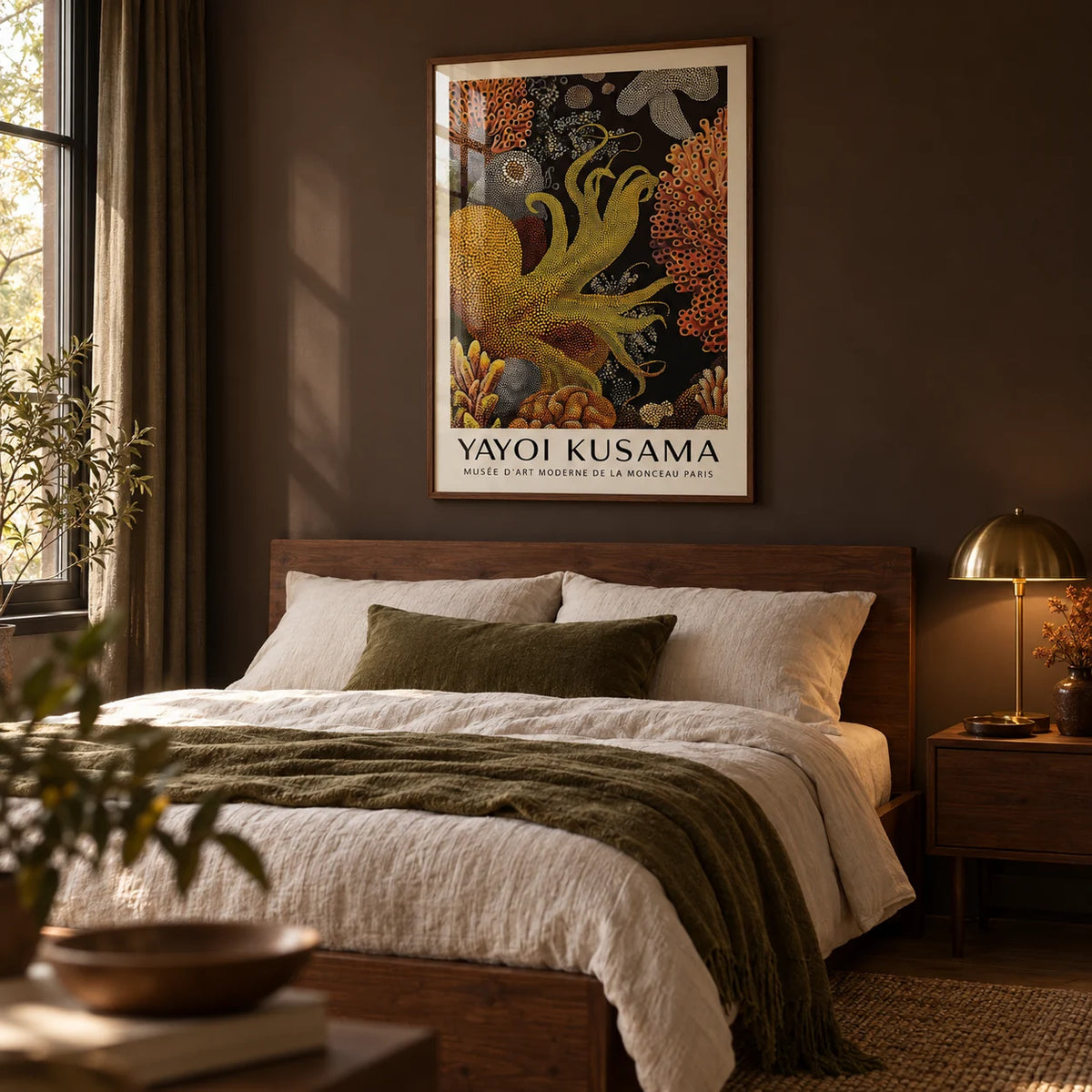 Octopus Wall Art, framed on the wall of a moody bedroom with a dark brown painted wall