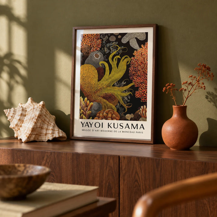 Octopus Wall Art, a small A4 framed print leaning on a walnut shelf in a living room