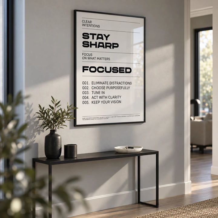 Office Posters Motivational, framed on the wall of a modern hallway with a soft grey wall and a pale oak floor