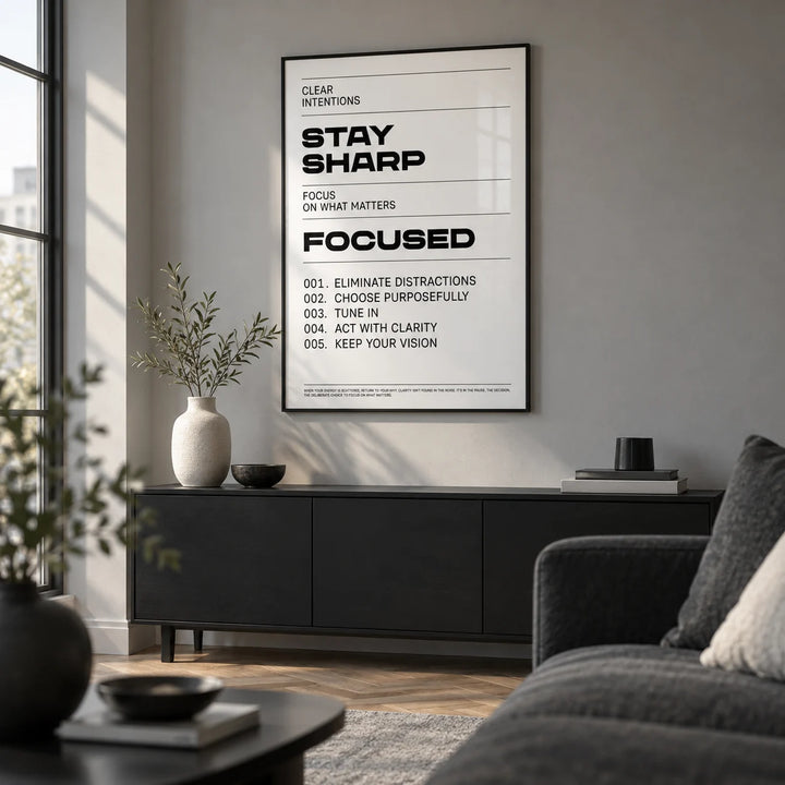 Office Posters Motivational, framed on the wall of a monochrome city-flat living room with a soft grey wall