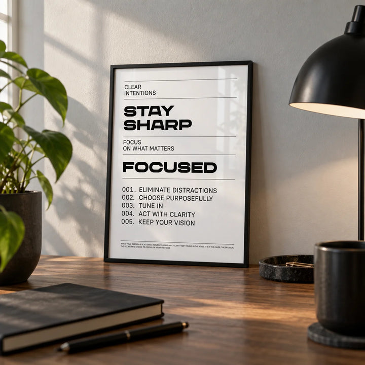 Office Posters Motivational, a small A4 framed print leaning on a walnut desk