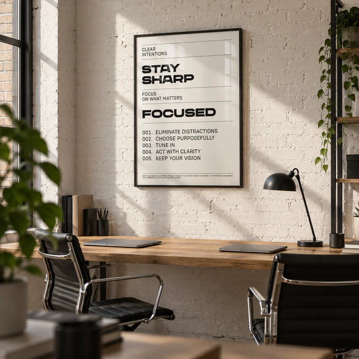Office Posters Motivational, framed on the wall of a small start-up office in a converted warehouse with exposed brick painted white