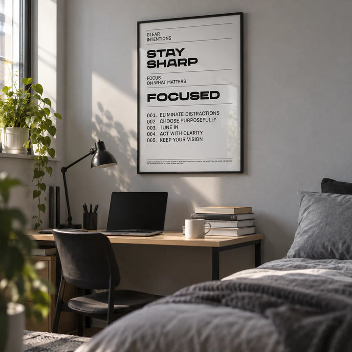 Office Posters Motivational, framed on the wall of a tidy uni room (18-21) with a pale grey wall in a bedroom