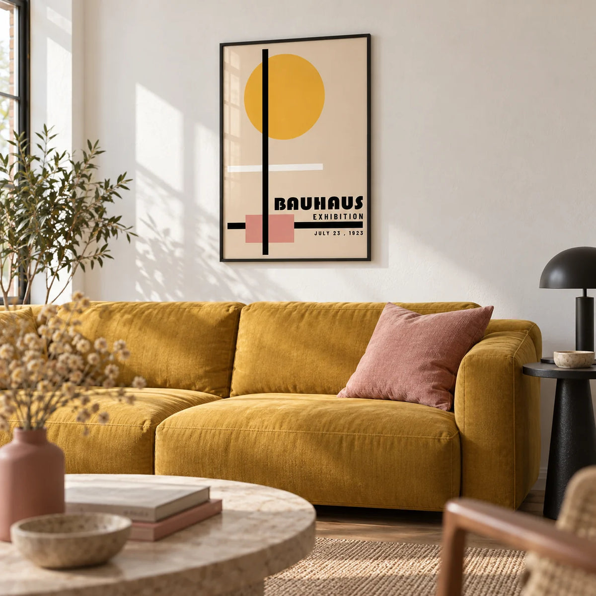 Office Prints, framed on the wall of a design-led living room with a white wall